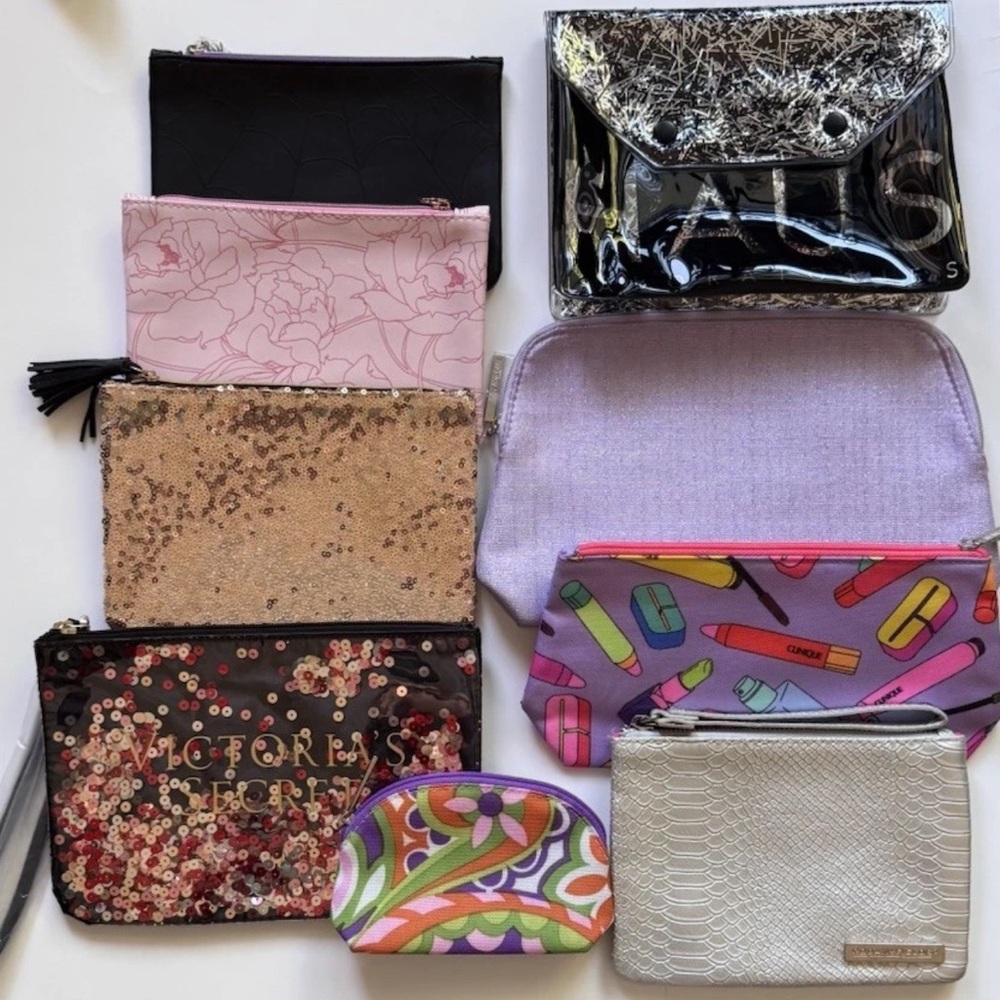 Lot of 9 Makeup Bag Pouches Multicolor  IPSY Glam Bag| Clinique| Lancôme| & more
